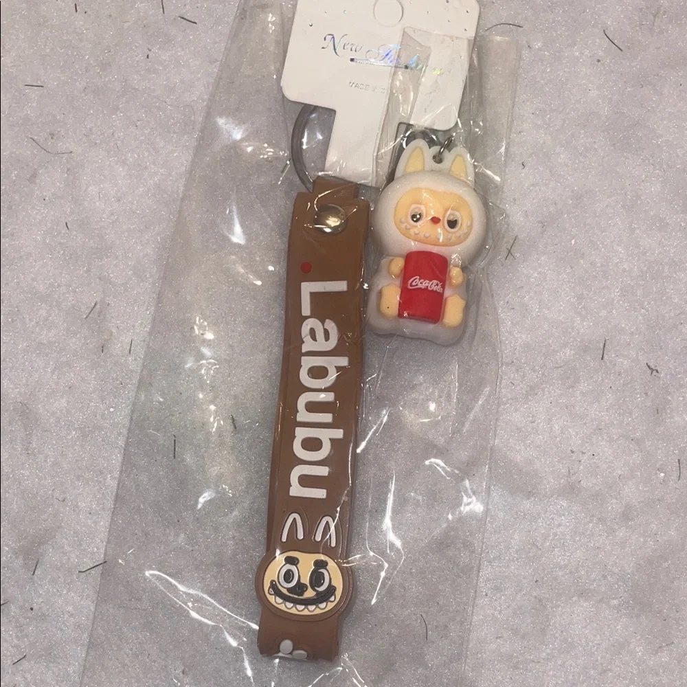 Brown Labubu Keychain with Cute Character holding soda nwt